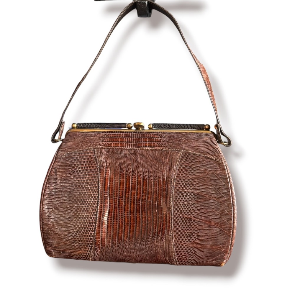 Vintage Brown Lizard Skin Print Frame Handbag Mid Century Exotic Top Handle